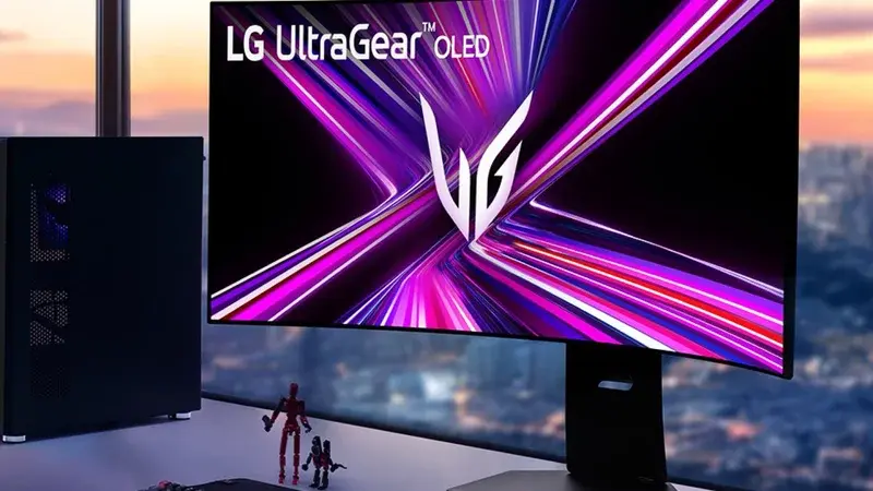 Logo seri gaming LG UltraGear dengan siluet pria memakai headset di latar belakang bernuansa merah dan hitam.